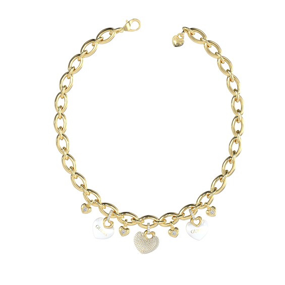 Guess Enamel Pave Set Heart Gold Tone 18 Charm Necklace