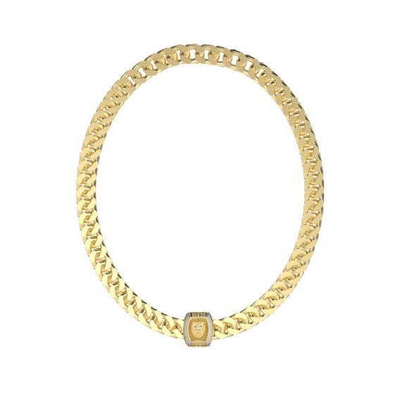 Guess 20mm Lion Crystal Coin Gold Tone 21 Necklace