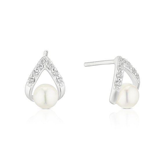 Sterling Silver Cubic Zirconia and Cultered Freshwater Pearl Teardrop Stud Earrings
