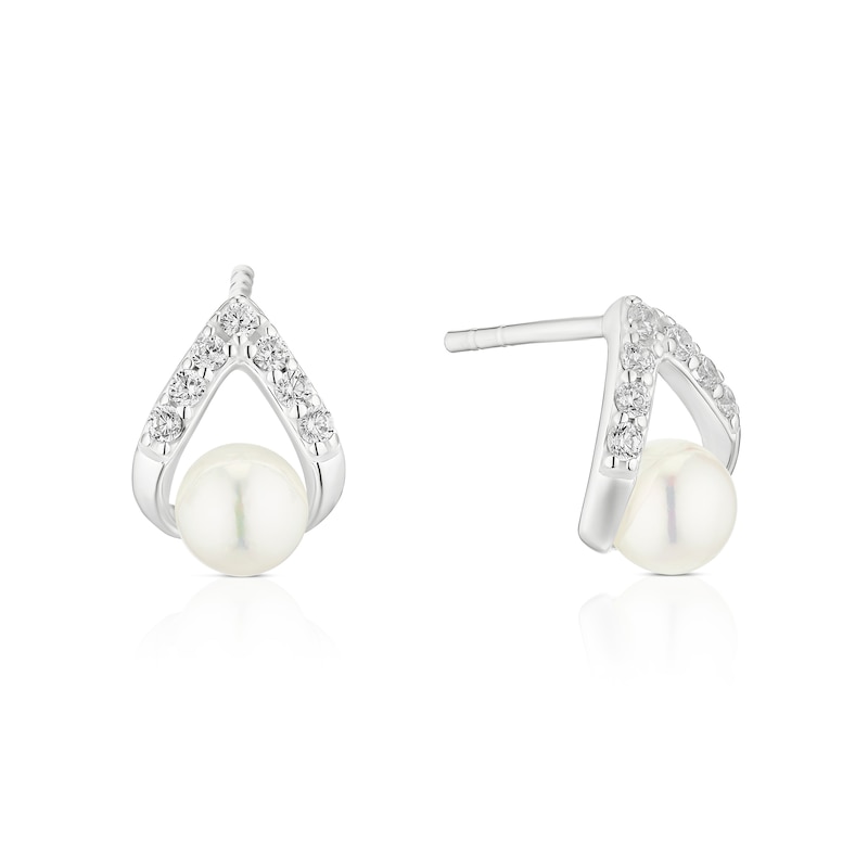 Main Image 1 of Sterling Silver Cubic Zirconia & Cultered Freshwater Pearl Teardrop Stud Earrings