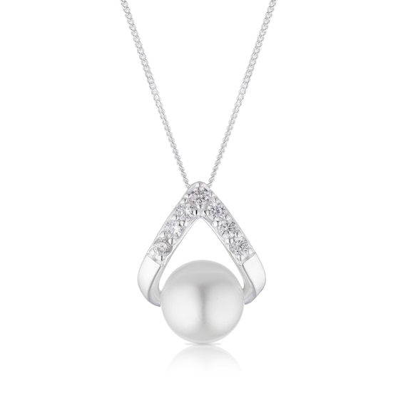 Sterling Silver CZ and Cultered Freshwater Pearl Pearl Teardrop Pendant 16+2 Necklace