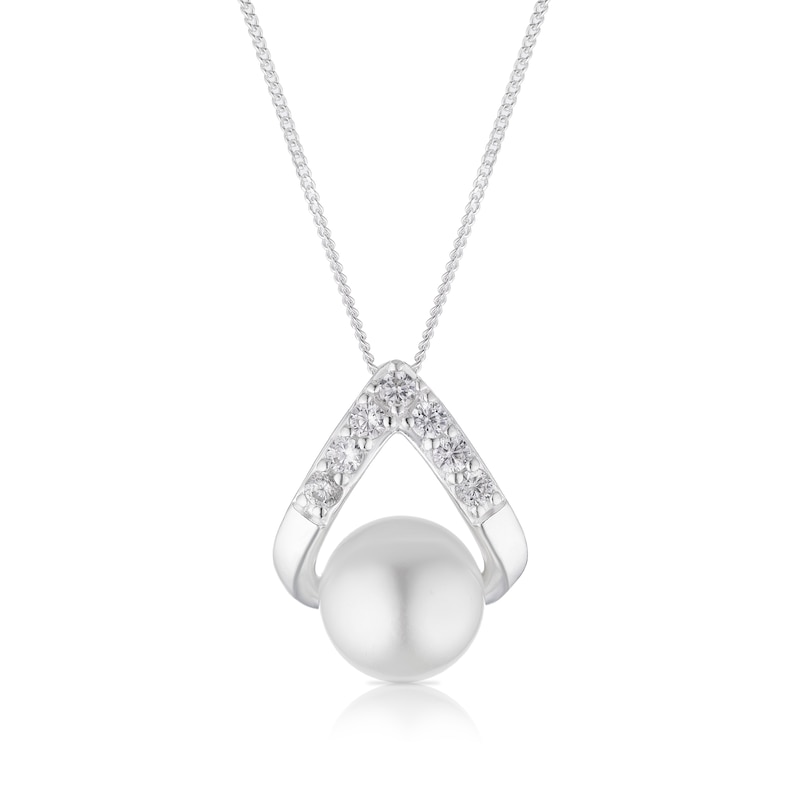 Main Image 1 of Sterling Silver CZ & Cultered Freshwater Pearl Pearl Teardrop Pendant 16+2" Necklace