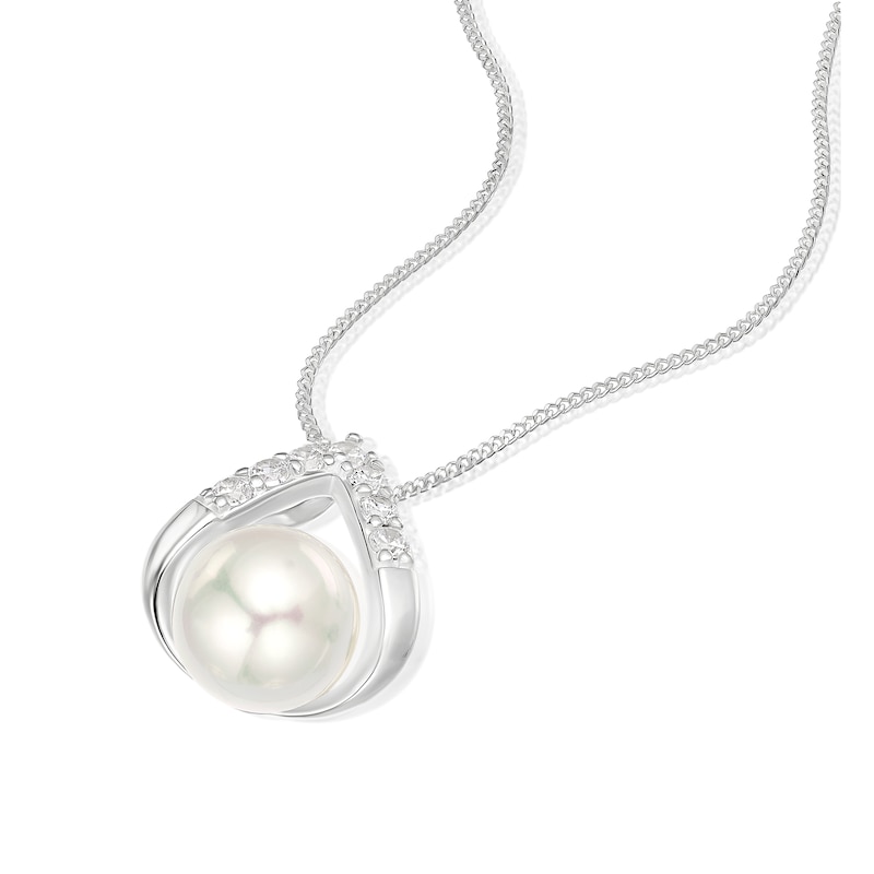 Main Image 2 of Sterling Silver CZ & Cultered Freshwater Pearl Pearl Teardrop Pendant 16+2" Necklace