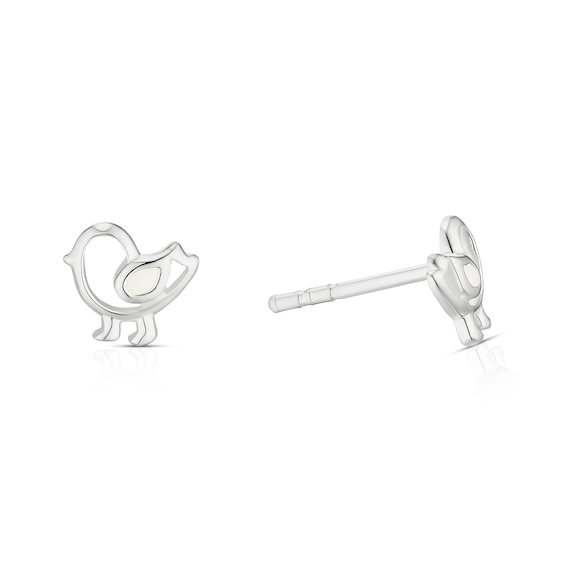 Children's Sterling Silver White Enamel Bird Stud Earrings