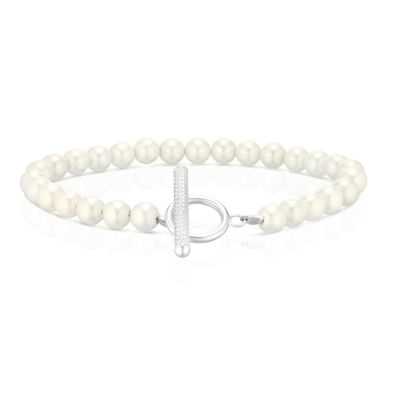 Sterling Silver Faux Pearl and Cubic Zirconia T-Bar Bracelet