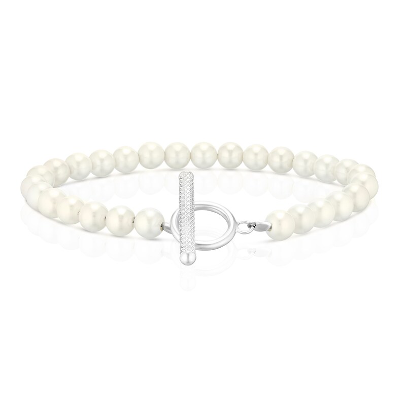 Main Image 1 of Sterling Silver Faux Pearl & Cubic Zirconia T-Bar Bracelet