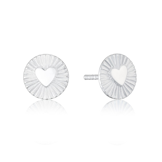 Sterling Silver Heart Disc Stud Earrings
