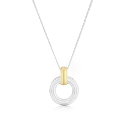 Sterling Silver & Yellow Gold Plated Ribbed Circle Pendant 16+2" Necklace