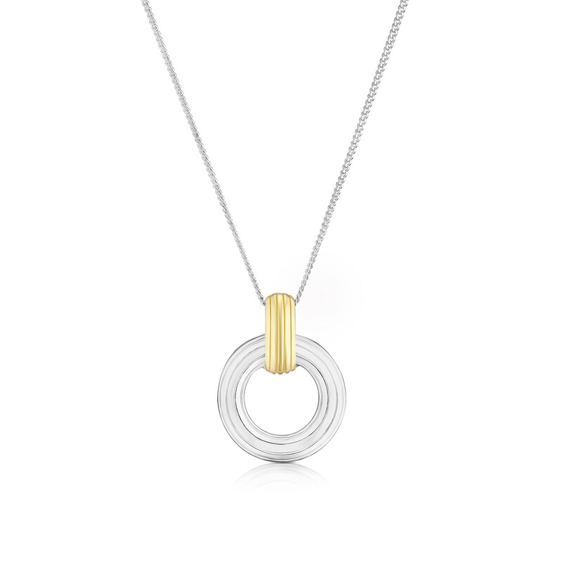 Main Image 1 of Sterling Silver & Yellow Gold Plated Ribbed Circle Pendant 16+2" Necklace