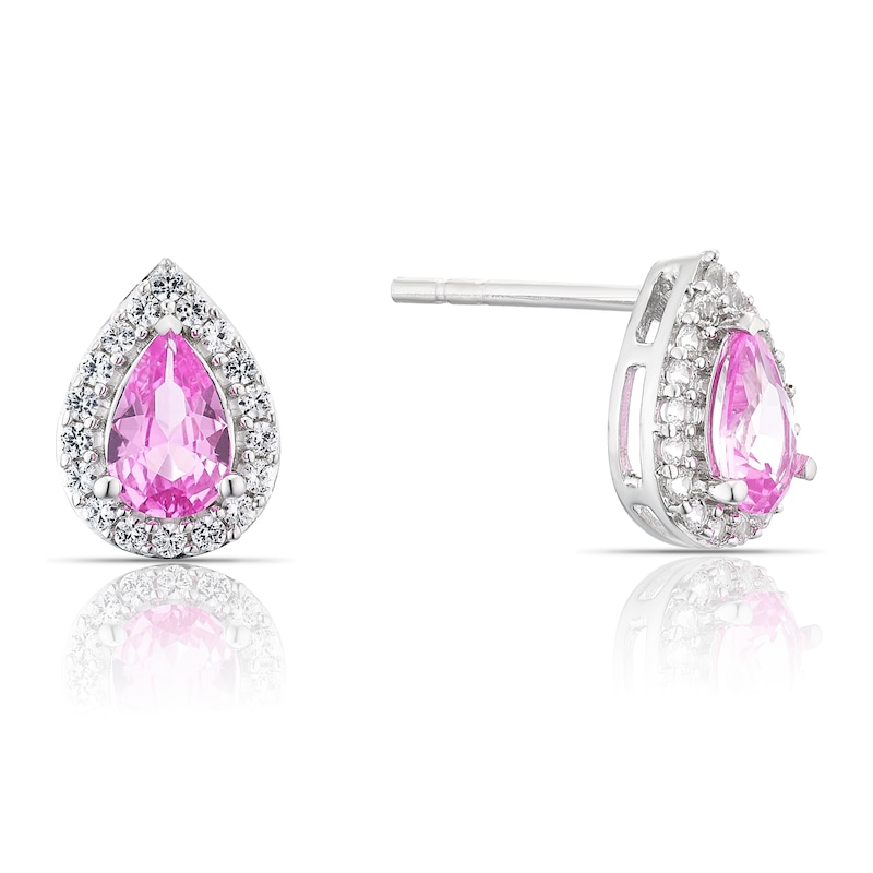 Main Image 1 of Sterling Silver Pear Created Pink Sapphire Halo Stud Earrings