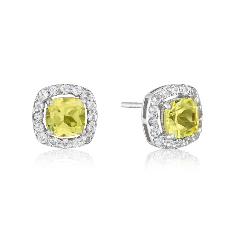Main Image 1 of Sterling Silver Cushion Created White & Yellow Sapphire Halo Stud Earrings