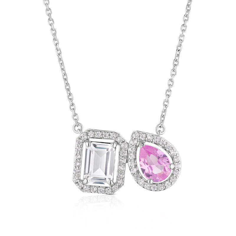 Main Image 1 of Sterling Silver Pear Created Pink & White Emerald Sapphire Halo Pendant Necklace