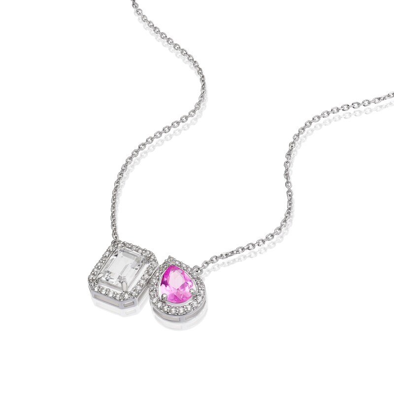Main Image 2 of Sterling Silver Pear Created Pink & White Emerald Sapphire Halo Pendant Necklace