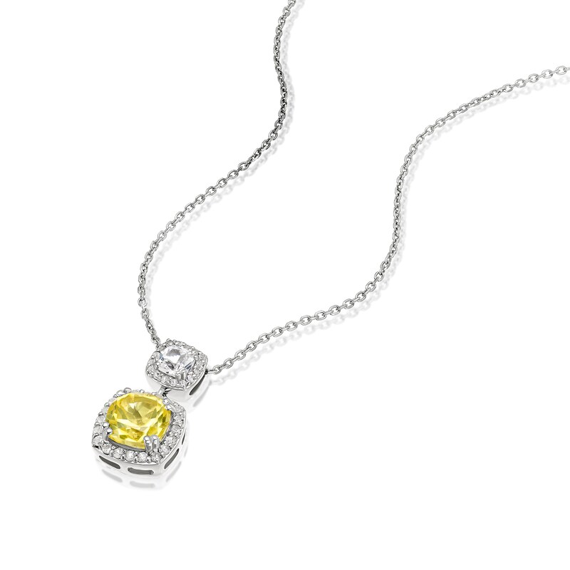 Main Image 2 of Sterling Silver Cushion Created White & Yellow Sapphire Halo Pendant Necklace