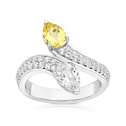 Sterling Silver Created White & Yellow Sapphire Pear Cut Two Stone Twist Ring