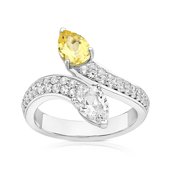 Sterling Silver Created White and Yellow Sapphire Pear Cut Two Stone Twist Ring