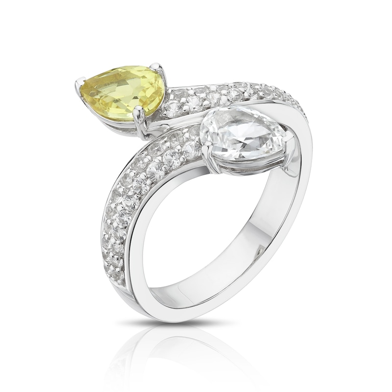 Main Image 2 of Sterling Silver Created White & Yellow Sapphire Pear Cut Two Stone Twist Ring