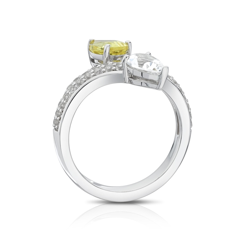 Main Image 3 of Sterling Silver Created White & Yellow Sapphire Pear Cut Two Stone Twist Ring