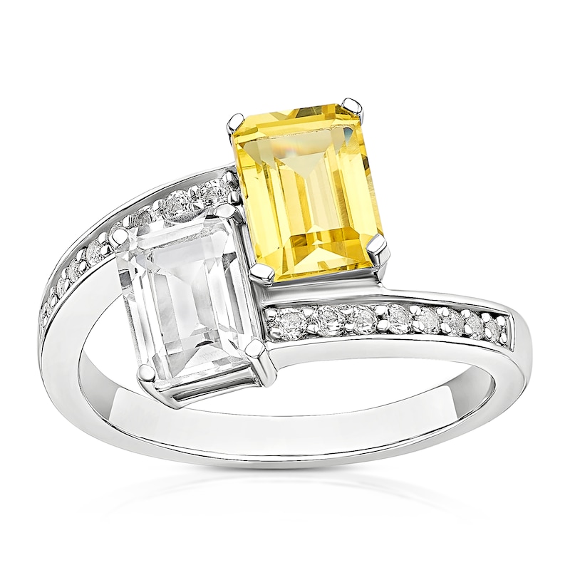 Main Image 1 of Sterling Silver Created White & Yellow Sapphire Emerald Cut Two Stone Twist Ring