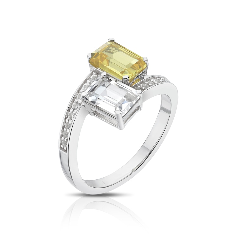 Main Image 2 of Sterling Silver Created White & Yellow Sapphire Emerald Cut Two Stone Twist Ring