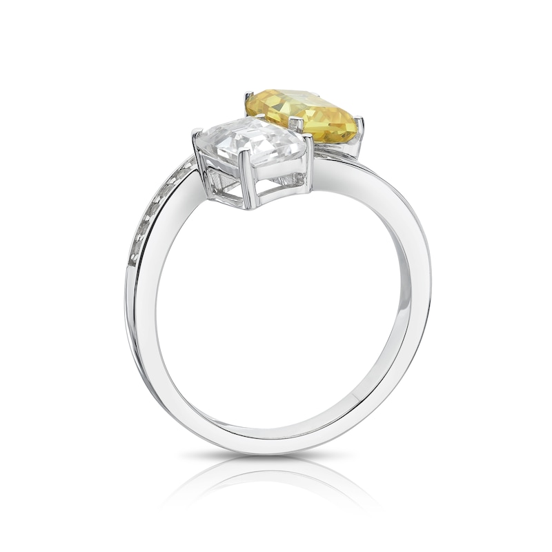 Main Image 3 of Sterling Silver Created White & Yellow Sapphire Emerald Cut Two Stone Twist Ring