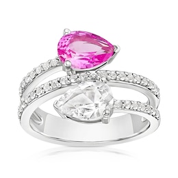 Sterling Silver Created White & Pink Sapphire Pear Cut Two Stone Spiral Ring
