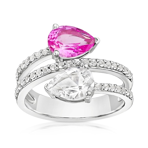 Sterling Silver Created White and Pink Sapphire Pear Cut Two Stone Spiral Ring