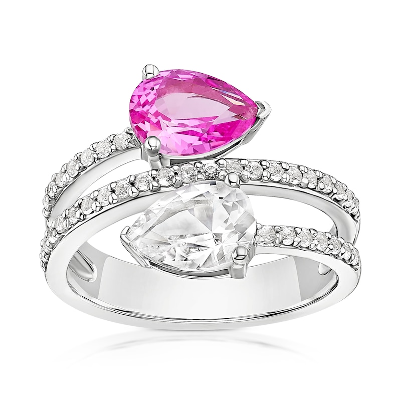 Main Image 1 of Sterling Silver Created White & Pink Sapphire Pear Cut Two Stone Spiral Ring