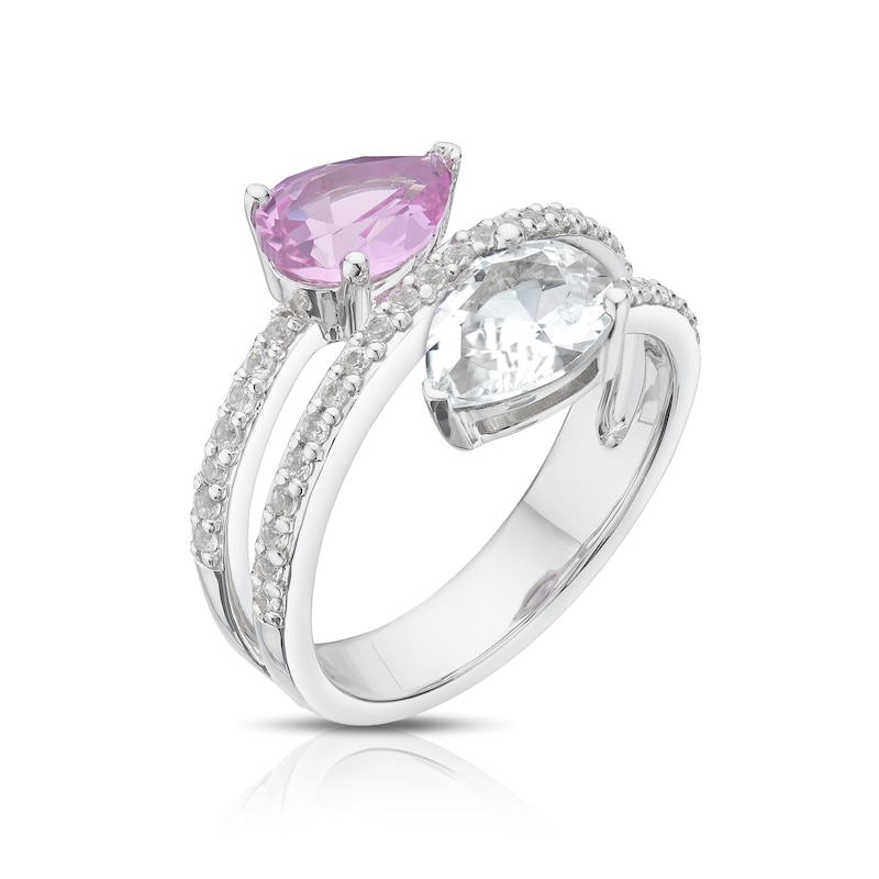 Main Image 2 of Sterling Silver Created White & Pink Sapphire Pear Cut Two Stone Spiral Ring