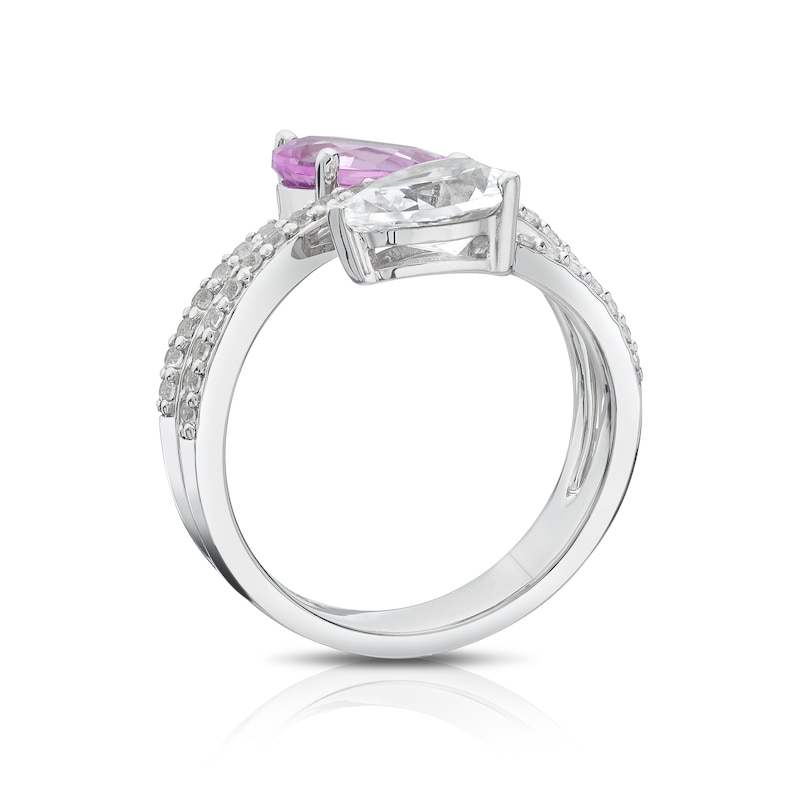 Main Image 3 of Sterling Silver Created White & Pink Sapphire Pear Cut Two Stone Spiral Ring