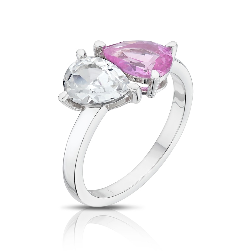 Main Image 2 of Sterling Silver Created White & Pink Sapphire Pear Cut Two Stone Ring