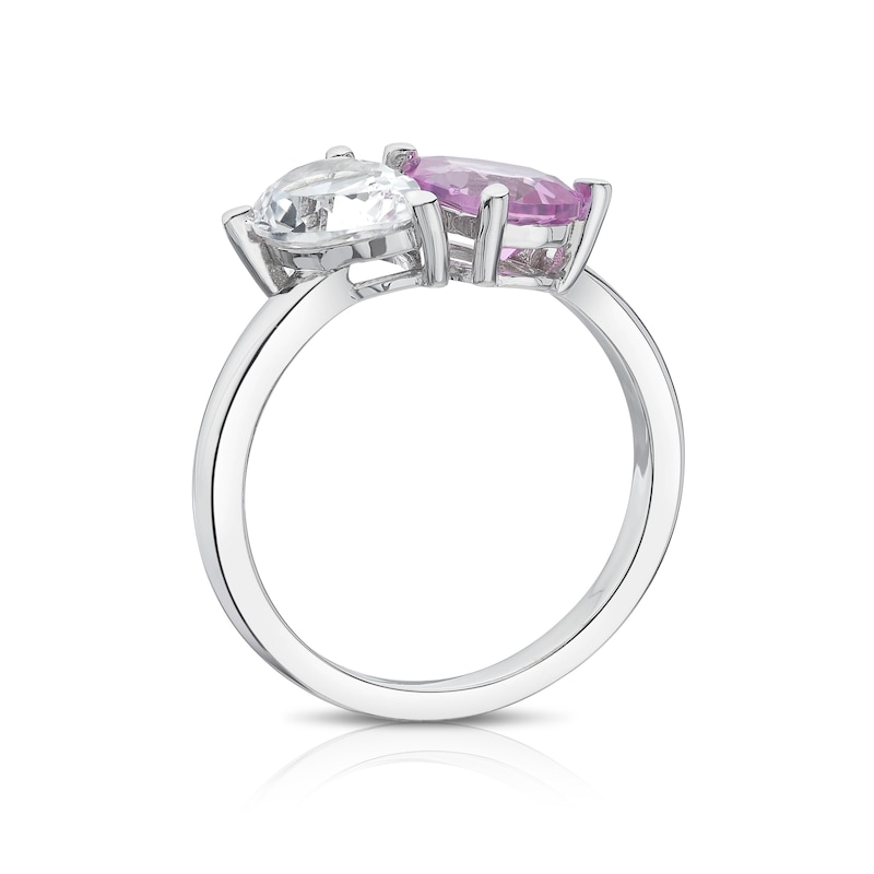 Main Image 3 of Sterling Silver Created White & Pink Sapphire Pear Cut Two Stone Ring