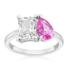 Sterling Silver Created White & Pink Sapphire Pear & Emerald Cut Two Stone Ring