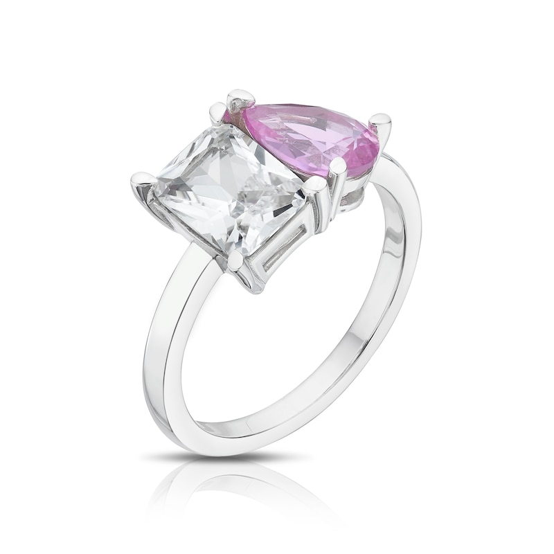 Main Image 2 of Sterling Silver Created White & Pink Sapphire Pear & Emerald Cut Two Stone Ring