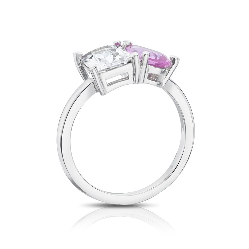 Main Image 3 of Sterling Silver Created White & Pink Sapphire Pear & Emerald Cut Two Stone Ring