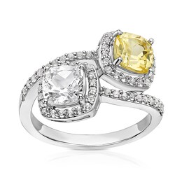 Sterling Silver Created White & Yellow Sapphire Cushion Halo Two Stone Twist Ring
