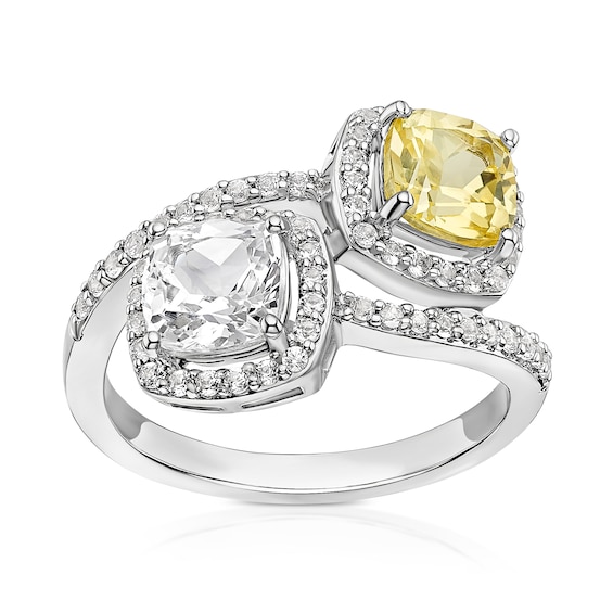 Sterling Silver Created White and Yellow Sapphire Cushion Ha