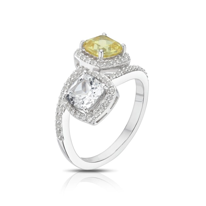 Main Image 2 of Sterling Silver Created White & Yellow Sapphire Cushion Halo Two Stone Twist Ring