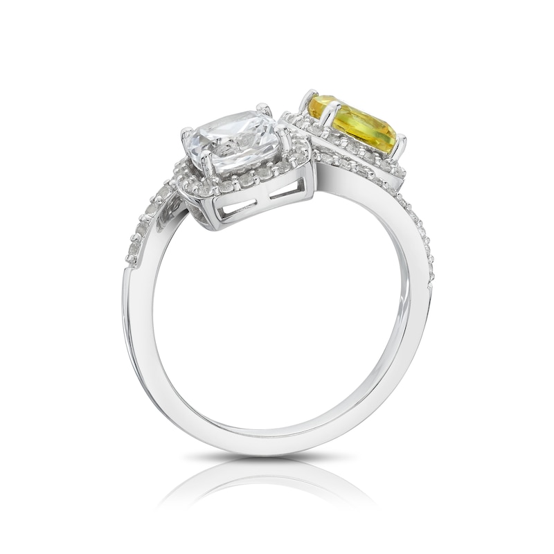 Main Image 3 of Sterling Silver Created White & Yellow Sapphire Cushion Halo Two Stone Twist Ring