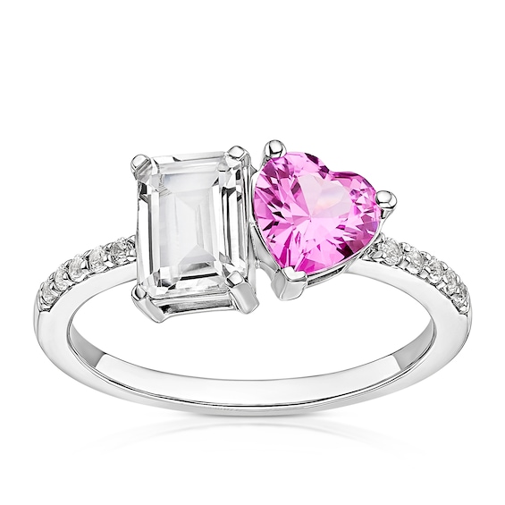 Sterling Silver Created White and Pink Sapphire Emerald Cut 