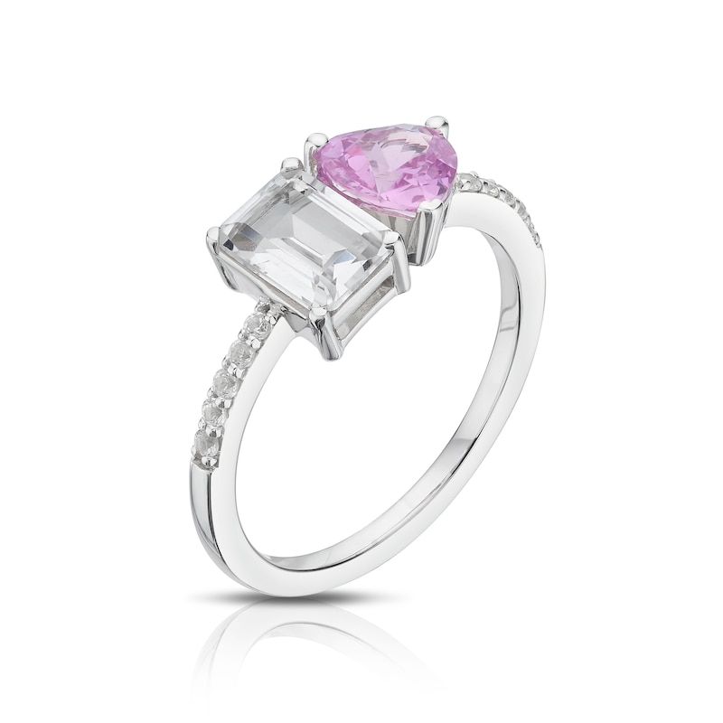 Main Image 2 of Sterling Silver Created White & Pink Sapphire Emerald Cut Heart Ring