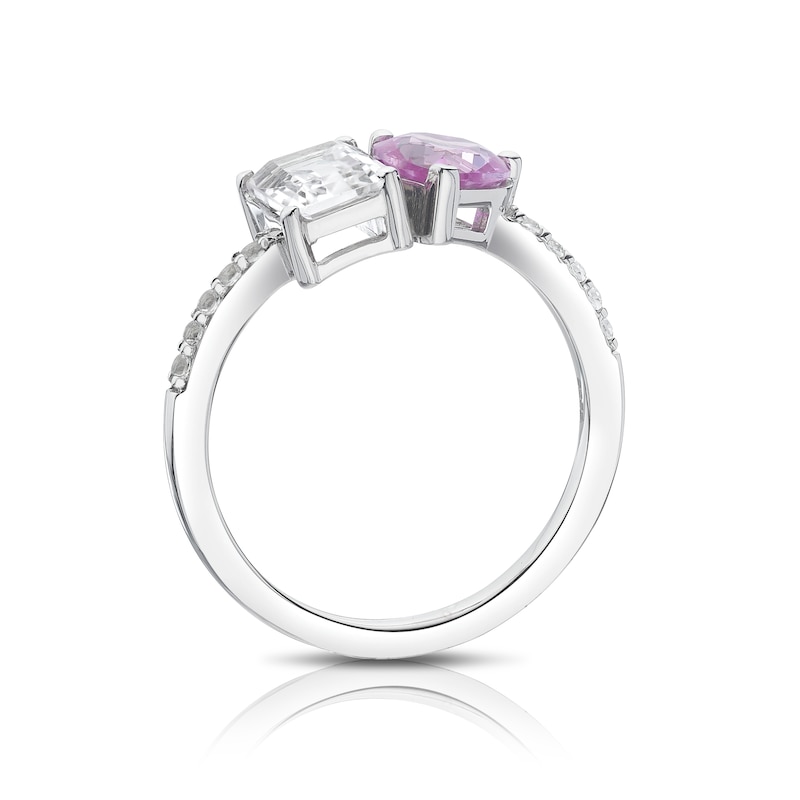 Main Image 3 of Sterling Silver Created White & Pink Sapphire Emerald Cut Heart Ring
