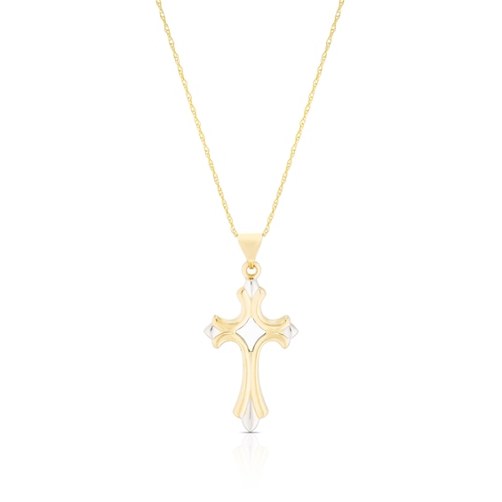 9ct Yellow Gold and Rhodium Plated Gothic Cross Pendant Necklace