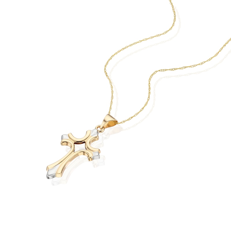 Main Image 2 of 9ct Yellow Gold & Rhodium Plated Gothic Cross Pendant Necklace