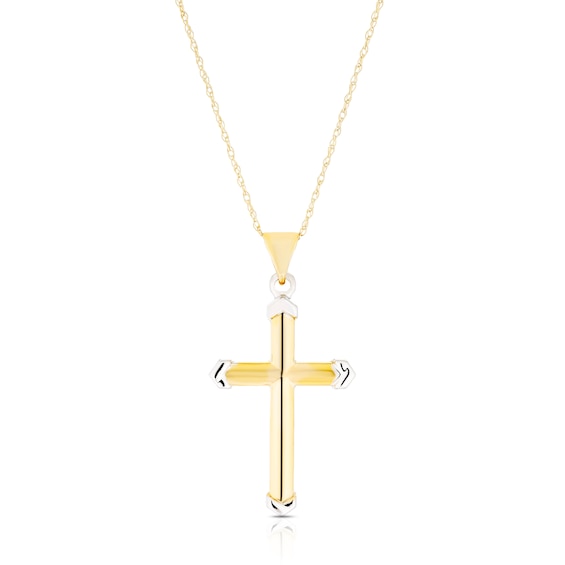 9ct Yellow Gold and Rhodium Plated Cross Pendant Necklace