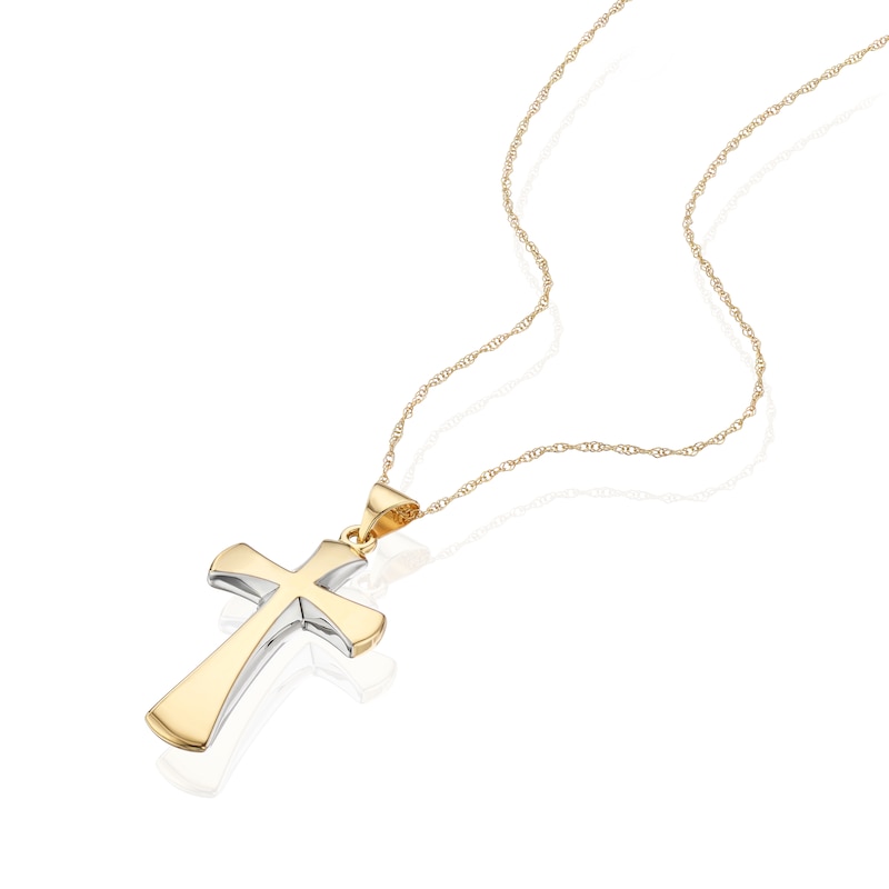Main Image 2 of 9ct Yellow Gold & Rhodium Plated Curved Cross Pendant Necklace