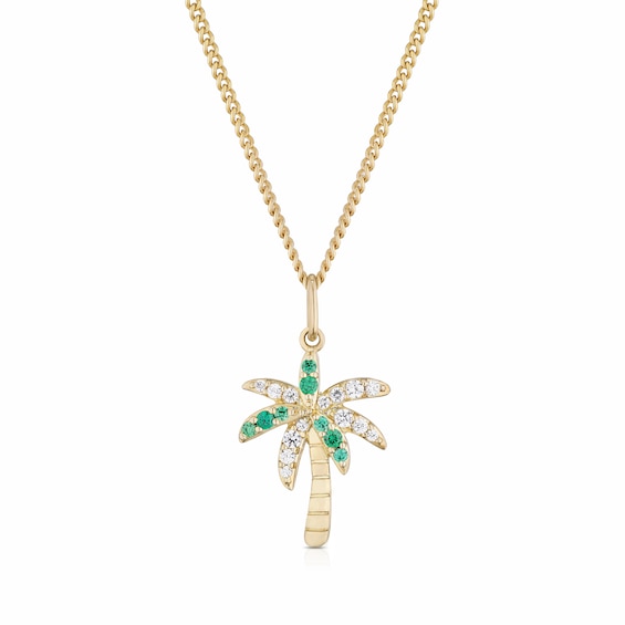 Sterling Silver Yellow Gold Plate Cubic Zirconia Palm Tree Pendant Necklace