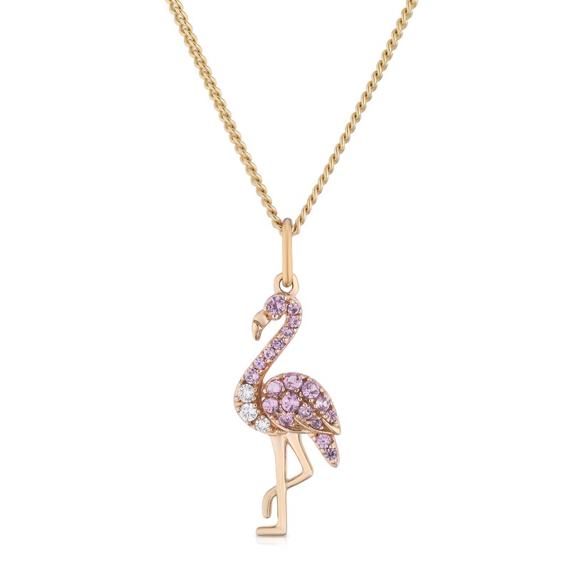 Main Image 1 of Sterling Silver Rose Gold Plated Pink Sapphire & Cubic Zirconia Flamingo Pendant Necklace