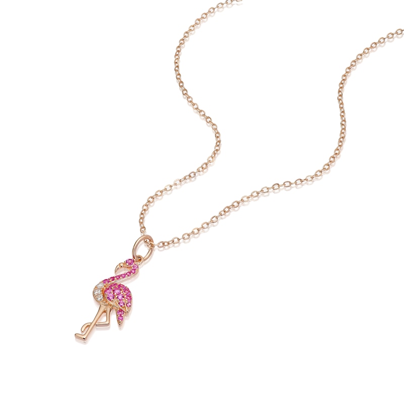 Main Image 2 of Sterling Silver Rose Gold Plated Pink Sapphire & Cubic Zirconia Flamingo Pendant Necklace