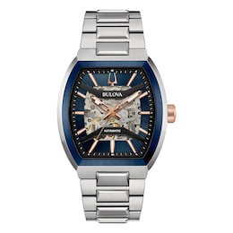 Bulova Maquina Men's Blue Skeleton Dial Curve Glass Stainless Steel Watch